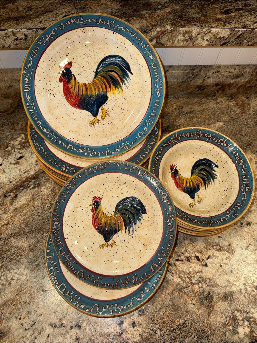 Hand-Painted Rooster Ceramic Dinnerware Set - Teal and Cream
